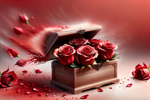 box with beautiful red roses .