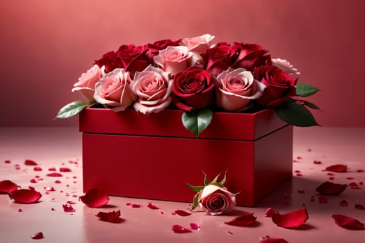 box with beautiful red roses .