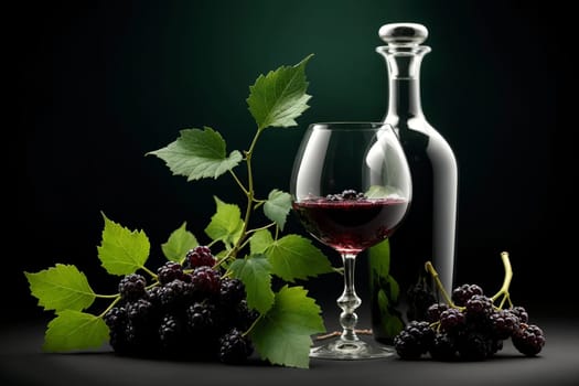 mulberry liqueur, wine in a glass isolated on a green background .