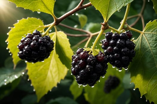 ripe mulberry, on a branch outdoors .
