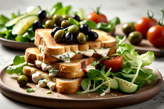 fried toast with lettuce, cucumbers, chicken and other vegetables .