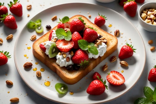 sandwich with fresh strawberries, kiwi, cottage cheese in a plate .