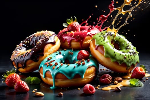 donuts in multi-colored glaze with berries on a black background .