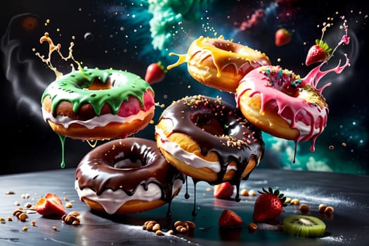donuts in multi-colored glaze with berries on a black background .