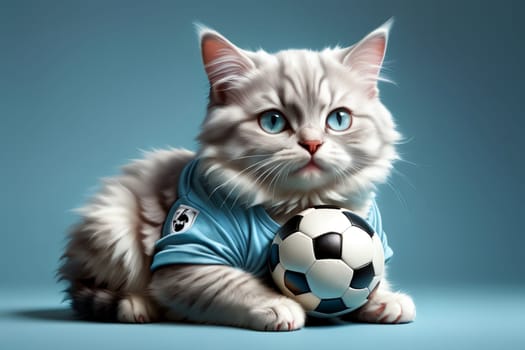 cat in a t-shirt with a soccer ball, isolated on a blue background .
