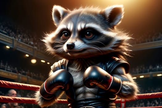 cute raccoon in the ring wearing boxing gloves, boxer athlete .