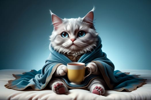 the cat lies in bed under a blanket and drinks hot tea .