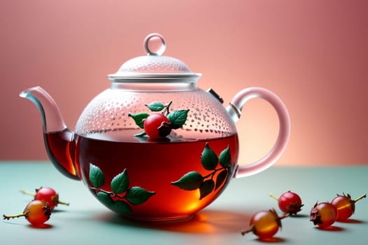 rosehip tea in a glass teapot isolated on a yellow background .