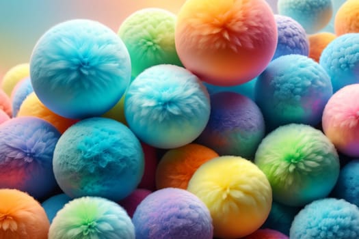 multi-colored fur balls, background of fur balls in bright pastel colors .