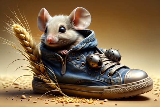 cute mouse in an old shoe among the ears of wheat .