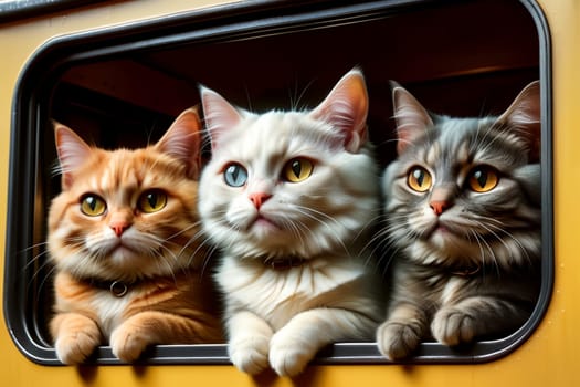 funny cats travel in a train carriage, vacation .