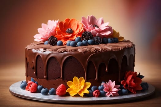 chocolate cake with flowers on brown background .