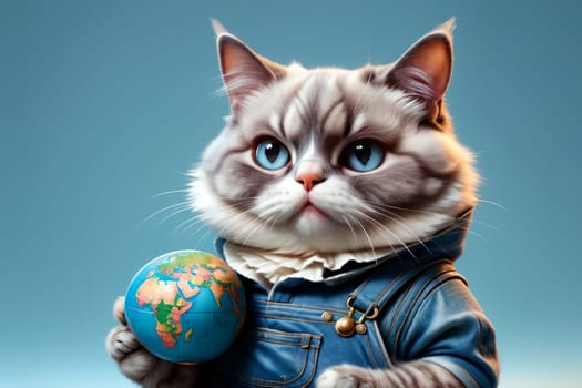 cat with a globe dreams of traveling, isolated on a blue background, art .