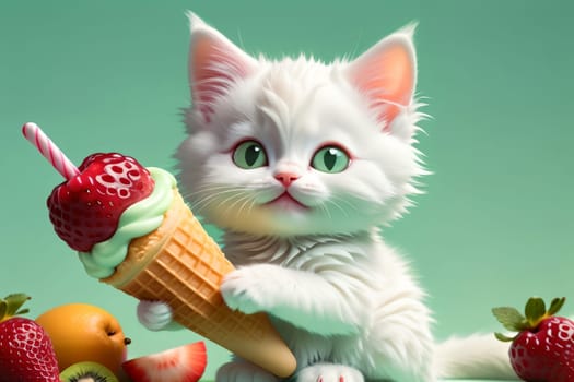 Cute cute kitten with cool tasty ice cream, isolated on light green background .