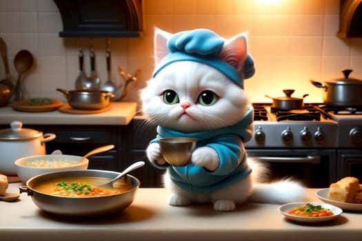 cat cook cooks soup in the kitchen .