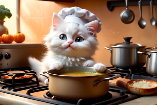 cat cook cooks soup in the kitchen .