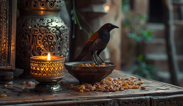 A Songbird is perched on a table beside a bowl of Small animal food, a Candle, and Pet supply. Glass Drinkware and Serveware are also present