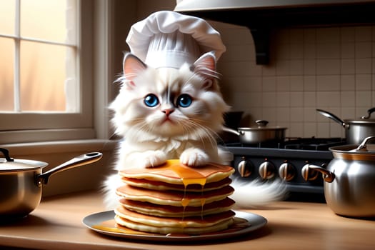 cute cat cook frying pancakes in the kitchen .