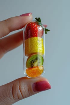 Fingers holding a mini pill inside with fruits on white soft background, Vitamins supplements.