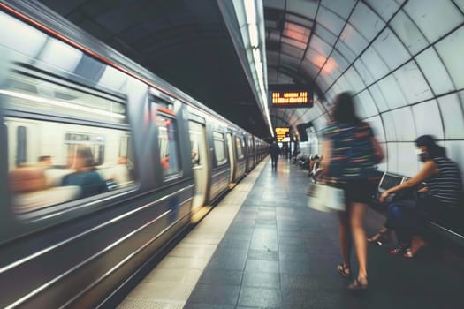 Metro station with blurred traffic and crowd, Modern subway station with people.