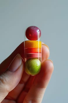 Fingers holding a mini pill inside with fruits on white soft background, Vitamins supplements.