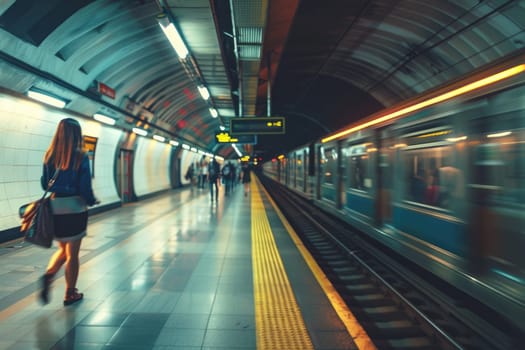 Metro station with blurred traffic and crowd, Modern subway station with people.