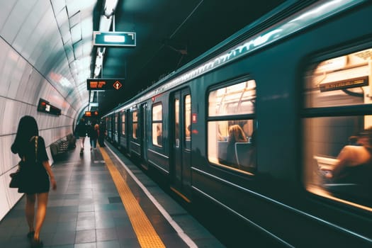 Metro station with blurred traffic and crowd, Modern subway station with people.