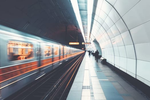 Metro station with blurred traffic and crowd, Modern subway station with people.