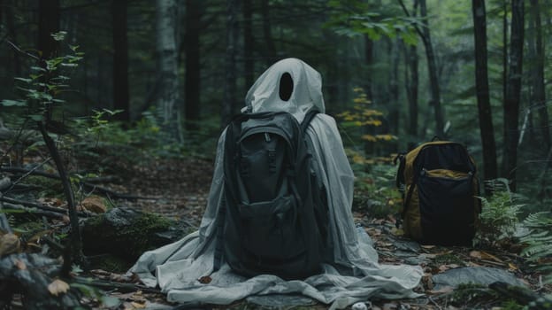 A person sitting in the woods with a backpack and hood