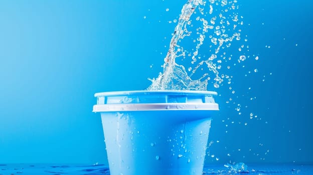 A blue bucket with water pouring out of it and a cat