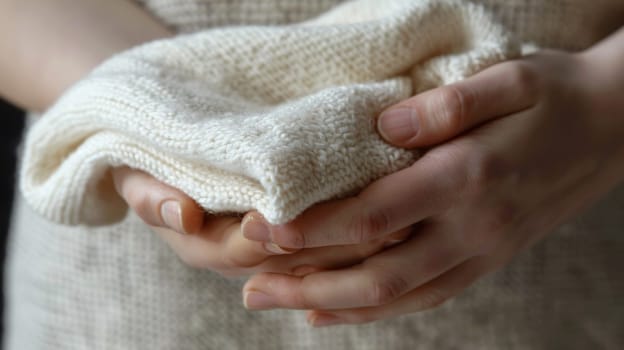 A person holding a white cloth in their hands