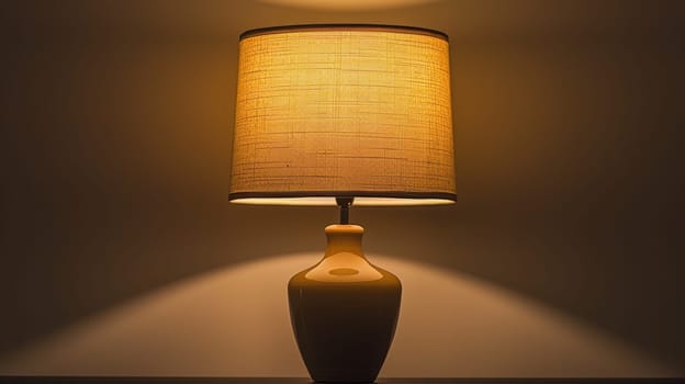 A lamp with a large shade on it sitting in the dark