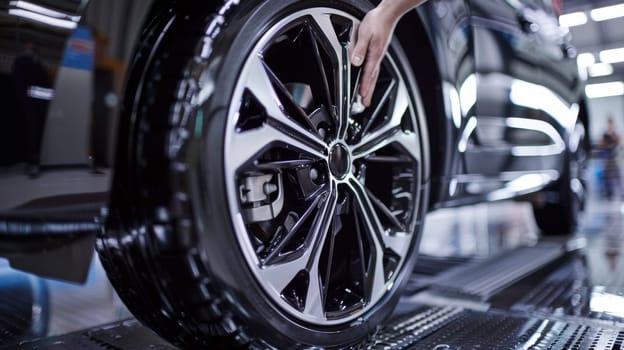 A person is touching the tire of a car on an assembly line