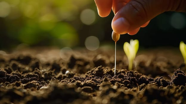A person is holding a seedling in the dirt with their finger