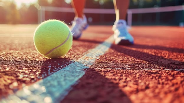 A tennis ball on a court with someone standing next to it