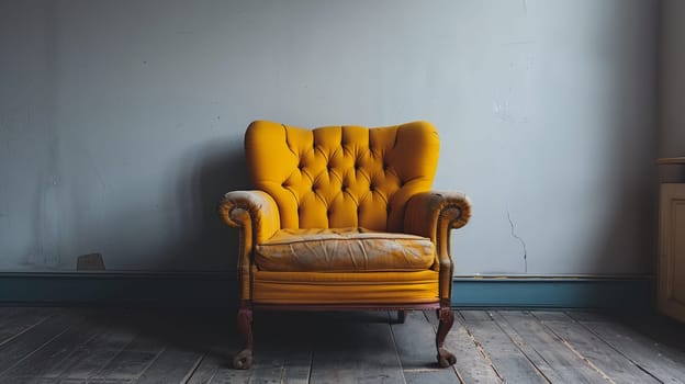 A yellow chair sitting in a room with wood floors