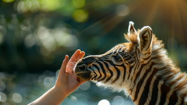 A person feeding a zebra with their hand in front of it