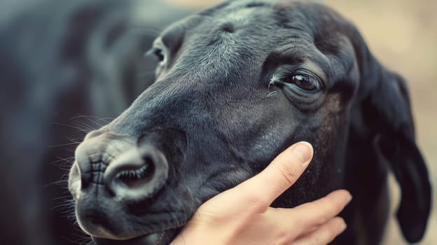 A person petting a black cow with their hand