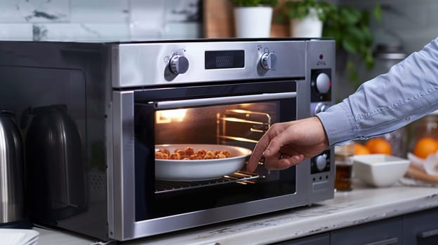 A person putting food into a microwave oven on the counter