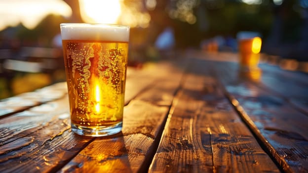 A close up of a glass full of beer on top of an outdoor table