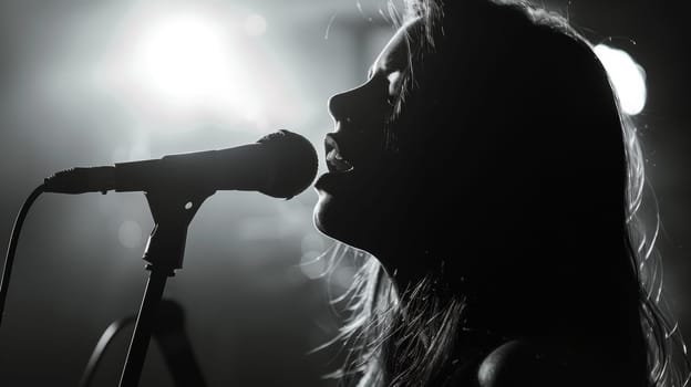 A woman singing into a microphone in the dark