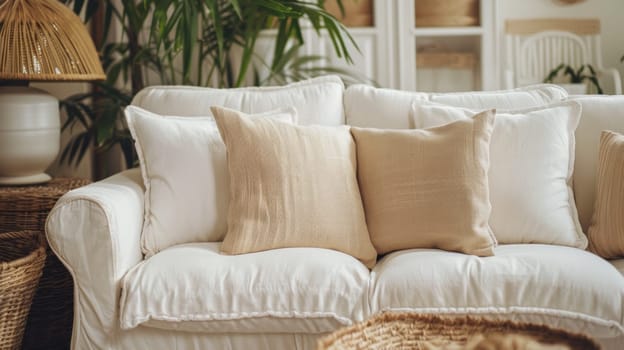 A white couch with a lot of pillows and baskets