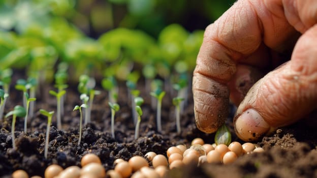 A person is planting seeds in a garden with dirt
