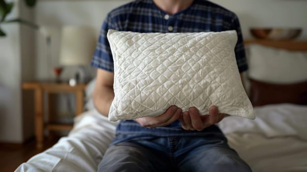 A man holding a pillow on top of his bed