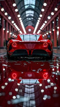 The sleek red car is mirrored in the buildings water, showcasing its Land vehicle design with a striking hood, grille, and automotive lighting