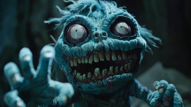 A creepy blue monster with big eyes and a mouth full of teeth