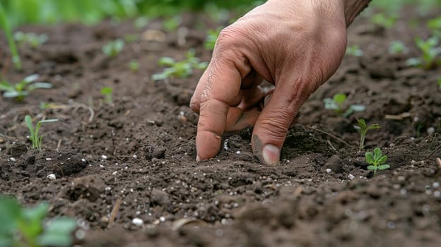 A person is touching a plant in the dirt with their finger