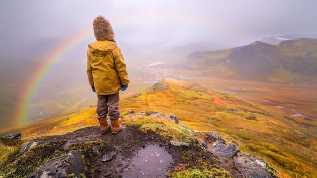 A person standing on a mountain top looking at the rainbow