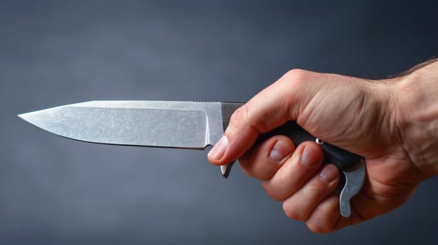 A man holding a knife in his hand with the blade facing out