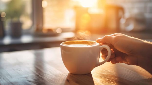 A person holding a cup of coffee on top of a table